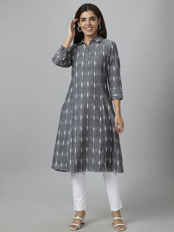 Globus Women Grey Woven Design A-Line Kurta