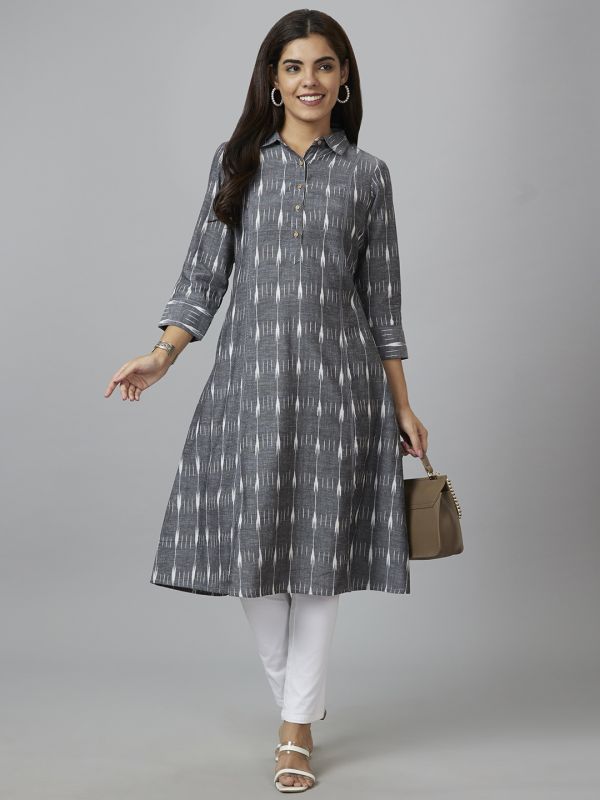 Globus Women Grey Woven Design A-Line Kurta