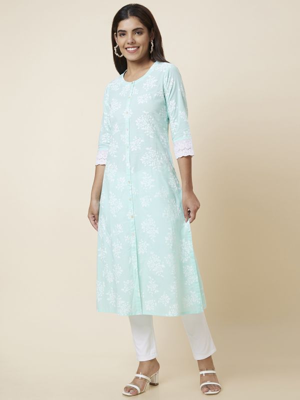 Globus Women Mint Green Printed Straight Kurta