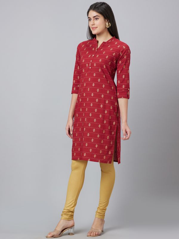 Globus Women Maroon Printed Mandarin Collar Straight Kurta