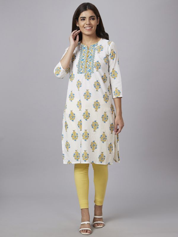 Globus Women White Printed Round Neck 3/4 Sleeves Straight Kurta