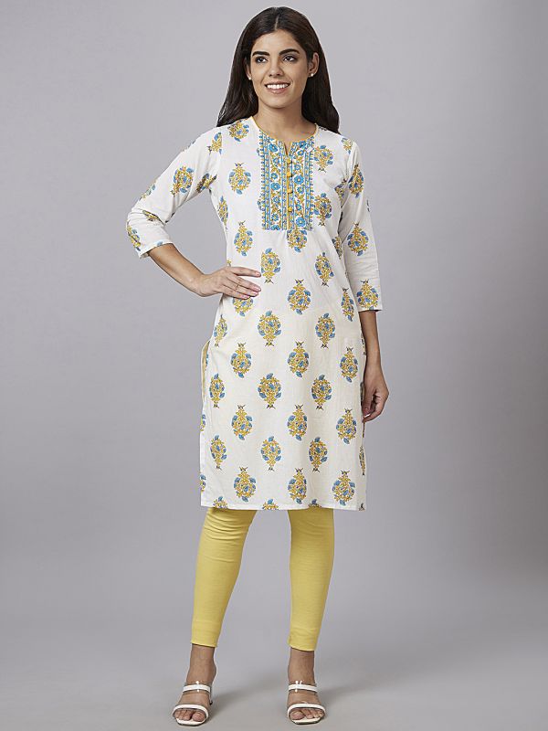 Globus Women White Printed Round Neck 3/4 Sleeves Straight Kurta