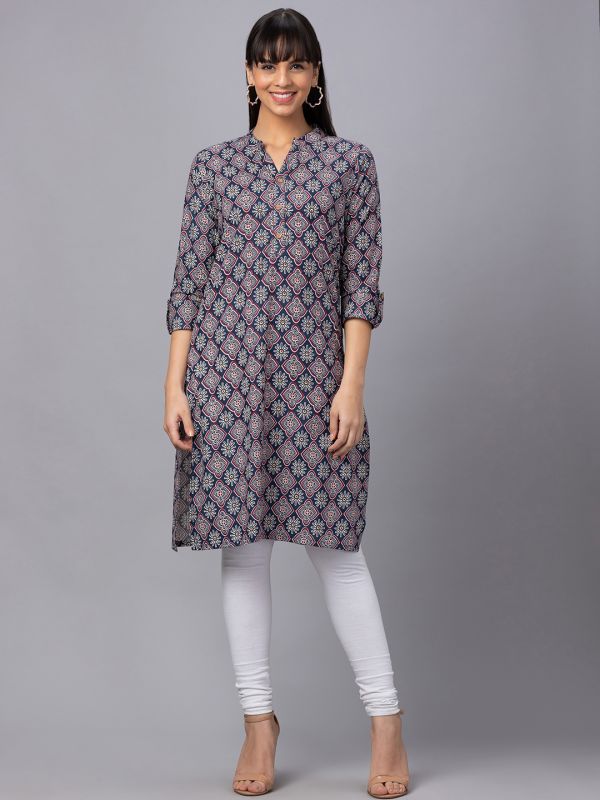 Globus Women Indigo Printed Mandarin Collar 3/4 Sleeves Straight Kurta