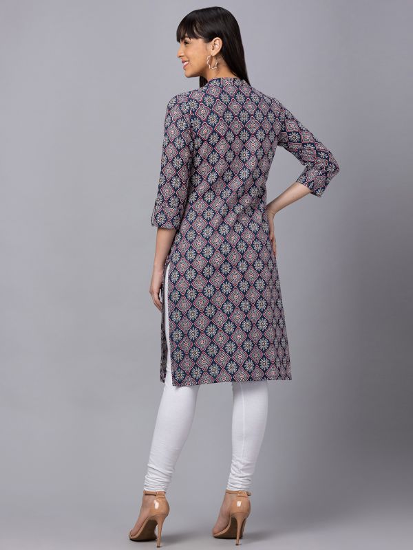 Globus Women Indigo Printed Mandarin Collar 3/4 Sleeves Straight Kurta