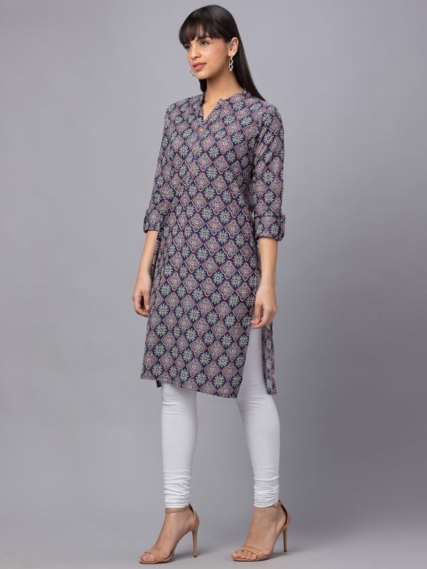 Globus Women Indigo Printed Mandarin Collar 3/4 Sleeves Straight Kurta