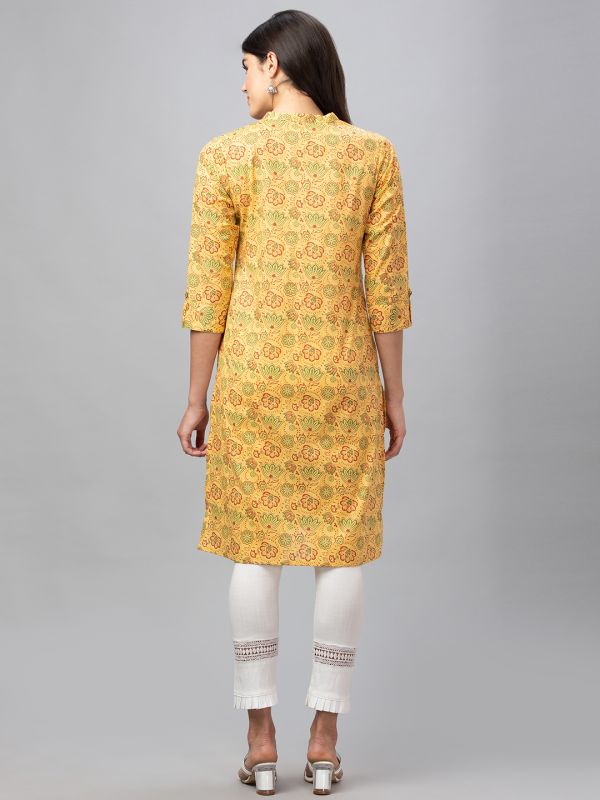 Globus Women Yellow Printed Mandarin Collar 3/4 Sleeves Straight Kurta