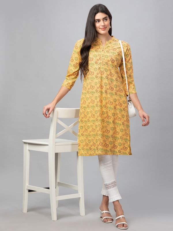 Globus Women Yellow Printed Mandarin Collar 3/4 Sleeves Straight Kurta