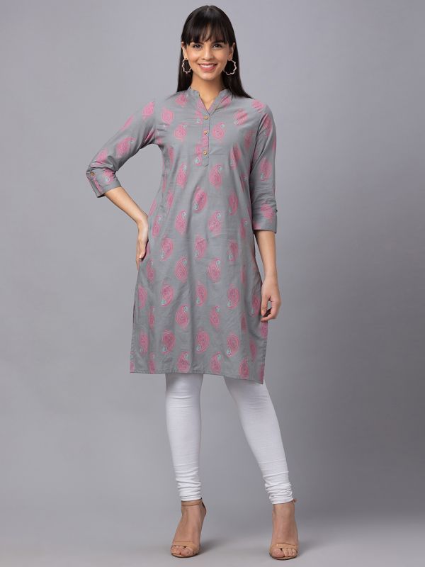 Globus Women Grey Printed Mandarin Collar 3/4 Sleeves Straight Kurta