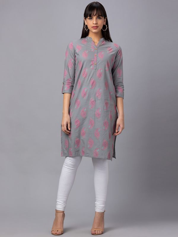 Globus Women Grey Printed Mandarin Collar 3/4 Sleeves Straight Kurta