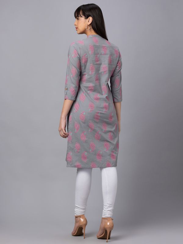 Globus Women Grey Printed Mandarin Collar 3/4 Sleeves Straight Kurta