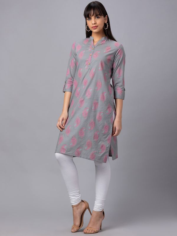 Globus Women Grey Printed Mandarin Collar 3/4 Sleeves Straight Kurta