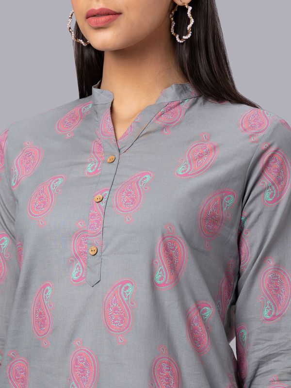 Globus Women Grey Printed Mandarin Collar 3/4 Sleeves Straight Kurta