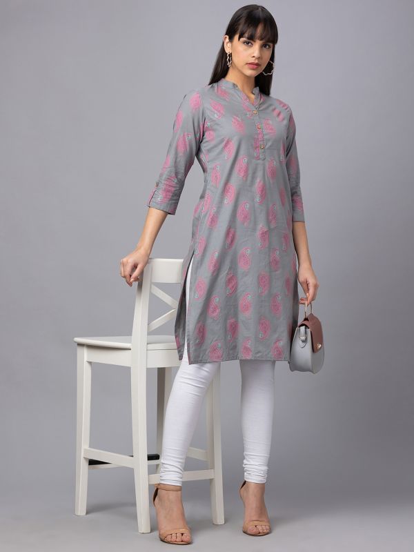 Globus Women Grey Printed Mandarin Collar 3/4 Sleeves Straight Kurta