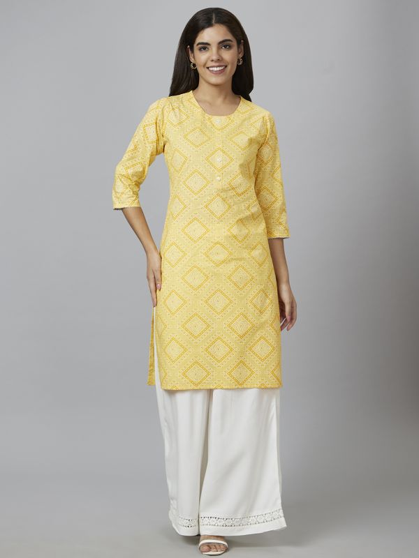 Globus Women Yellow Printed Straight Kurta