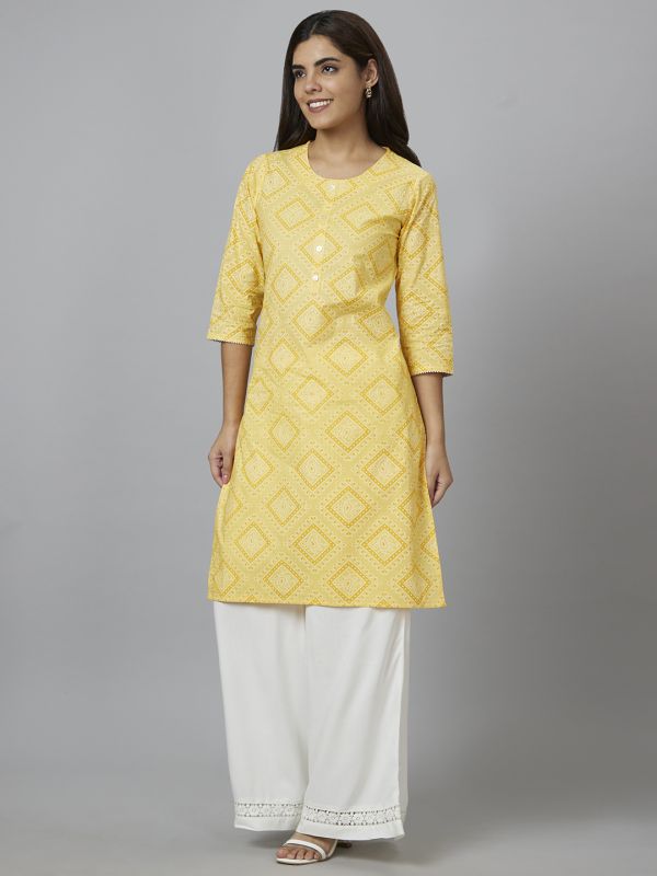 Globus Women Yellow Printed Straight Kurta