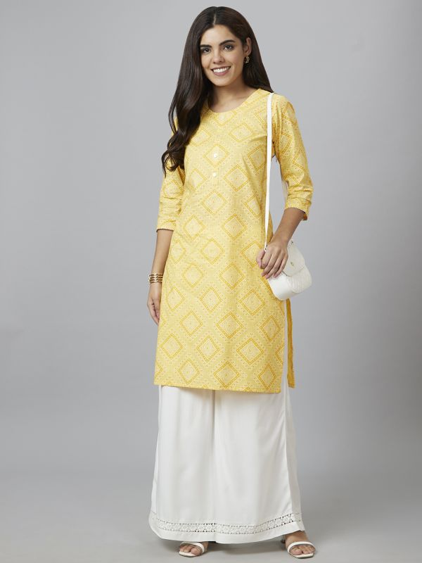 Globus Women Yellow Printed Straight Kurta