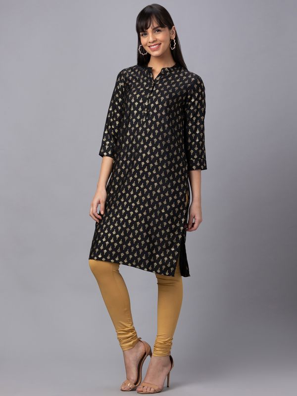 Globus Women Black Mandarin Collar 3/4 Sleeves Gold Printed Straight Kurta