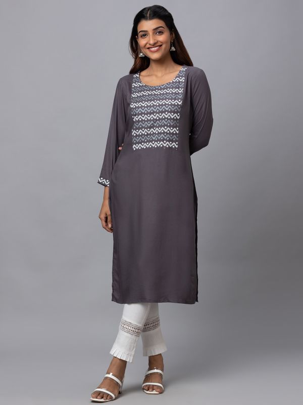 Globus Women Grey Round Neck Solid Kurta With Yoke Print Detail