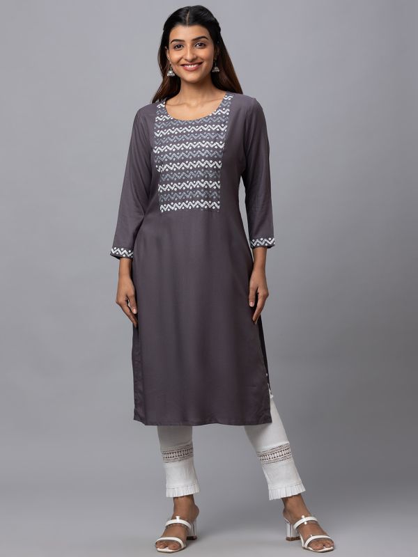 Globus Women Grey Round Neck Solid Kurta With Yoke Print Detail