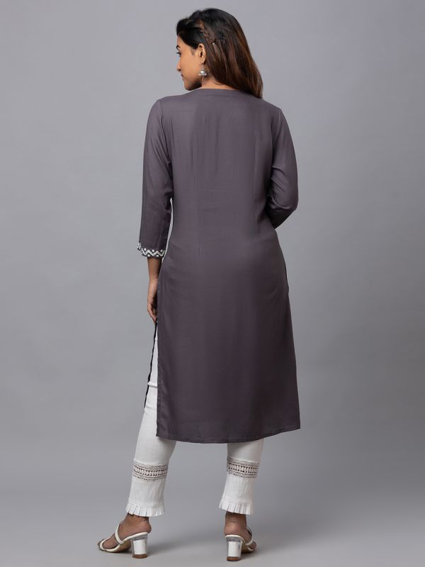 Globus Women Grey Round Neck Solid Kurta With Yoke Print Detail