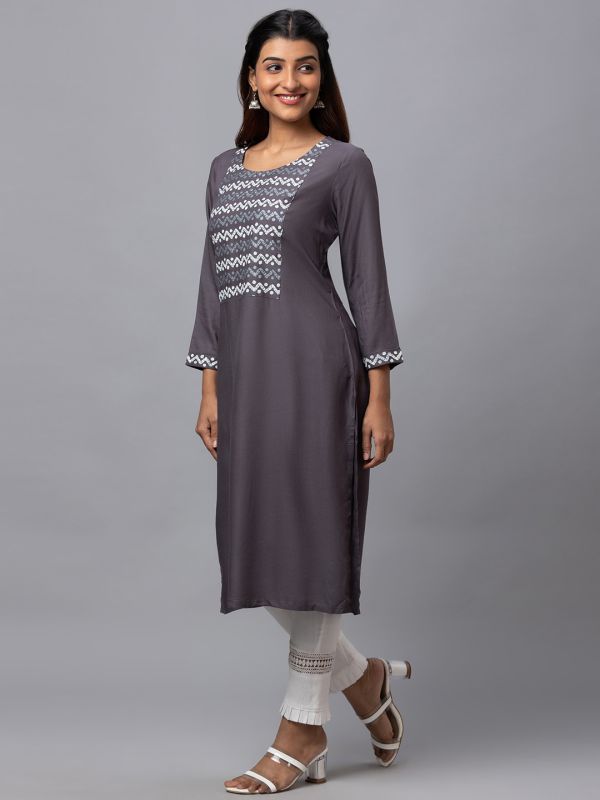 Globus Women Grey Round Neck Solid Kurta With Yoke Print Detail