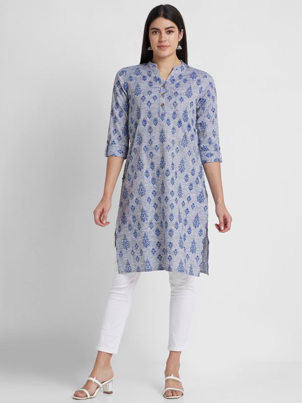 Globus Women Blue Printed Mandarin Collar Straight Kurta