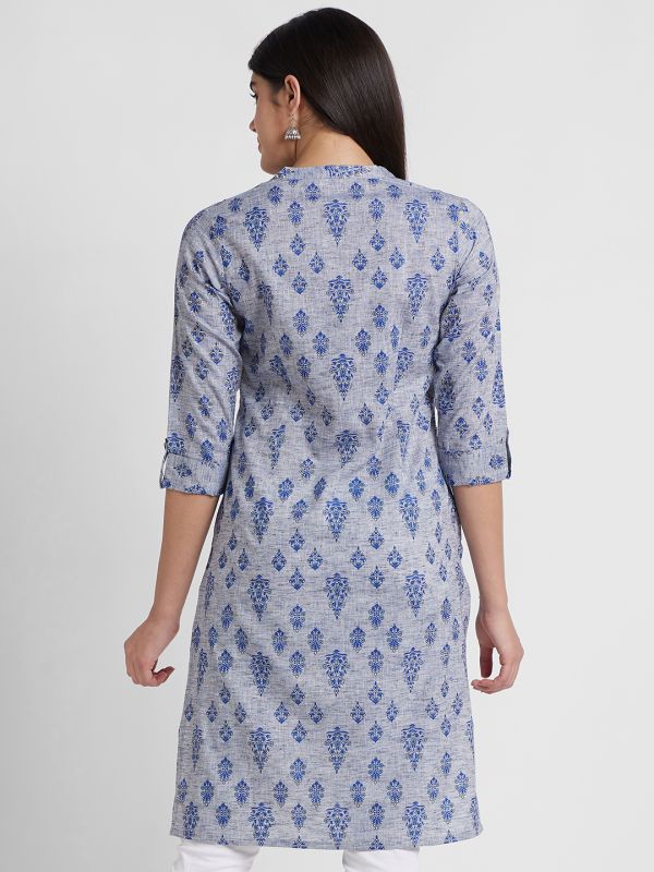 Globus Women Blue Printed Mandarin Collar Straight Kurta