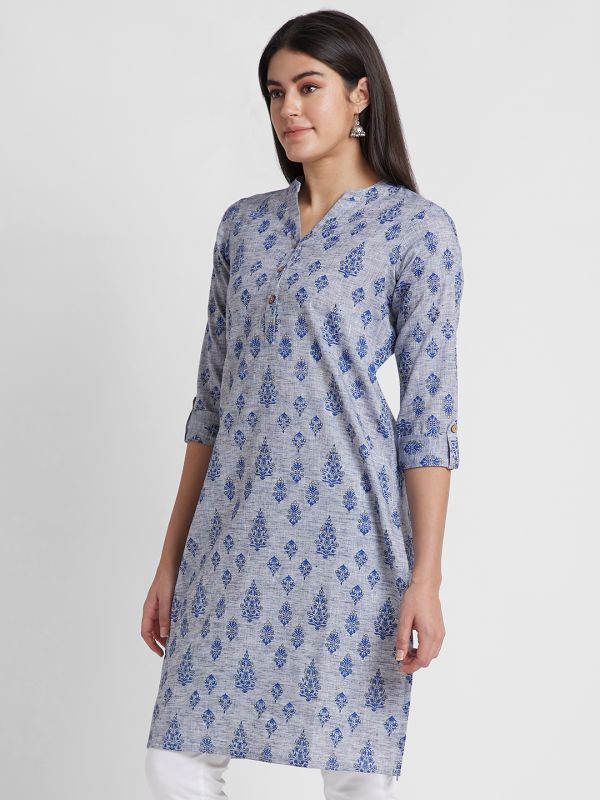 Globus Women Blue Printed Mandarin Collar Straight Kurta