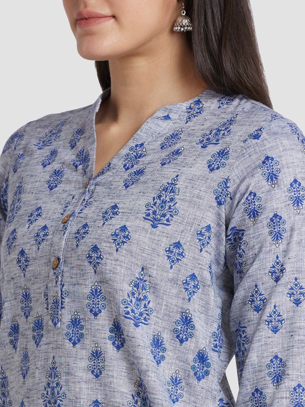 Globus Women Blue Printed Mandarin Collar Straight Kurta