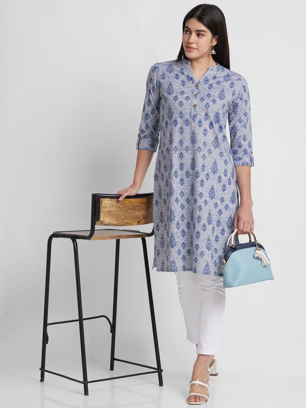 Globus Women Blue Printed Mandarin Collar Straight Kurta