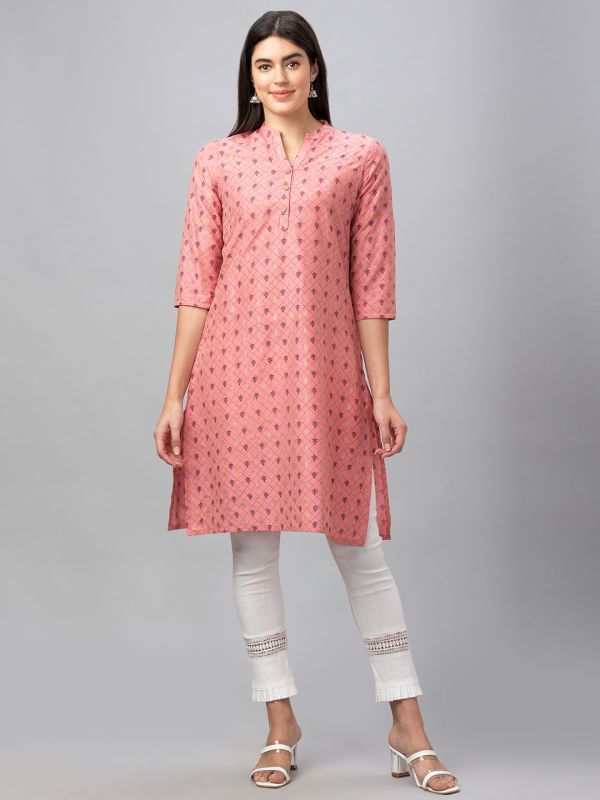 Globus Women Pink Printed Mandarin Collar 3/4 Sleeves Straight Kurta