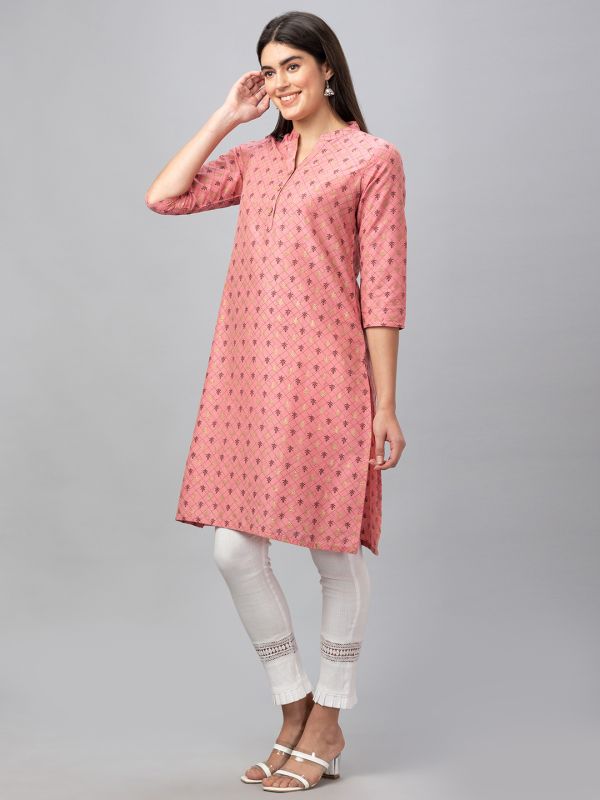 Globus Women Pink Printed Mandarin Collar 3/4 Sleeves Straight Kurta