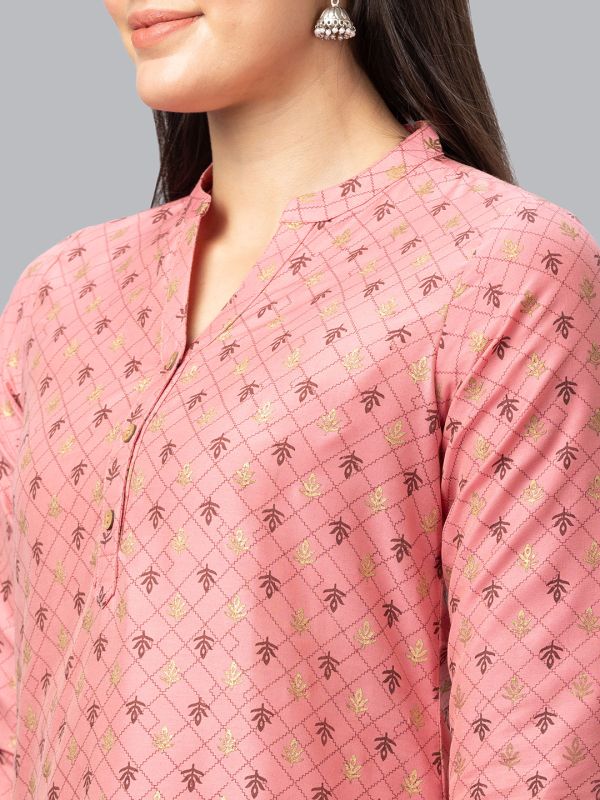 Globus Women Pink Printed Mandarin Collar 3/4 Sleeves Straight Kurta