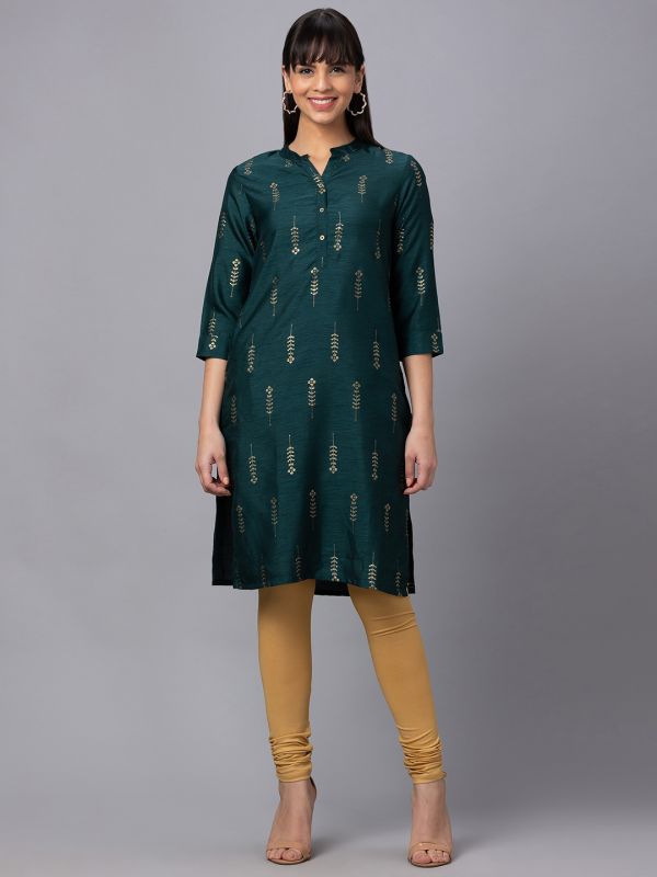 Globus Women Bottle Green Mandarin Collar 3/4 Sleeves Gold Printed Straight Kurta