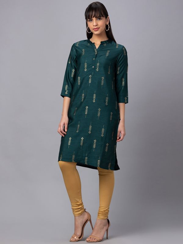 Globus Women Bottle Green Mandarin Collar 3/4 Sleeves Gold Printed Straight Kurta