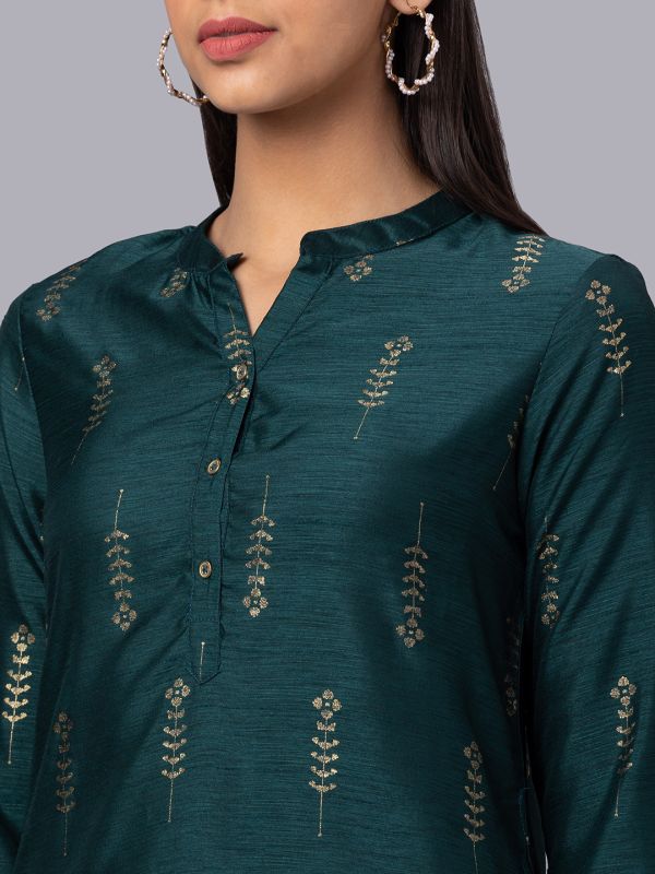 Globus Women Bottle Green Mandarin Collar 3/4 Sleeves Gold Printed Straight Kurta