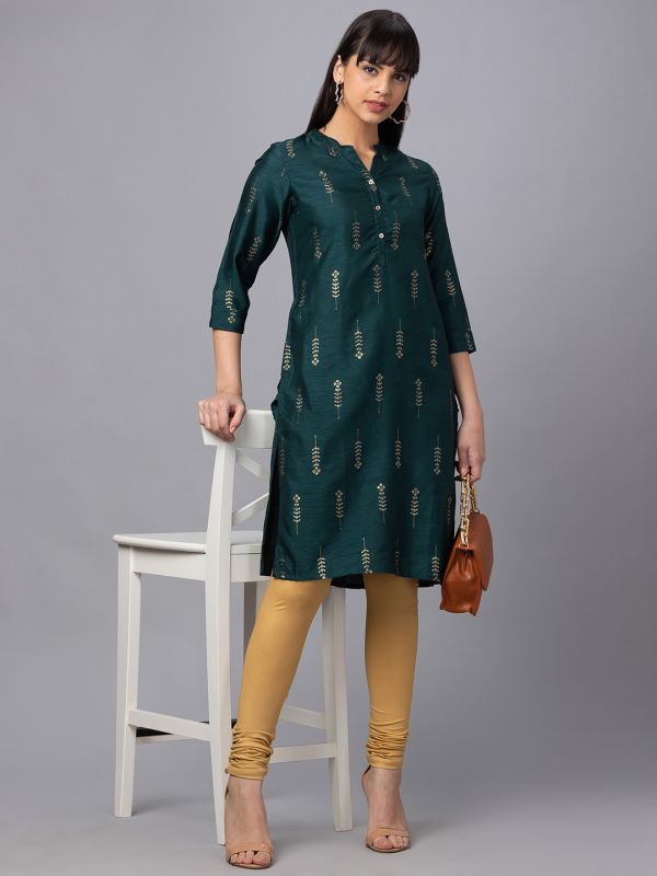 Globus Women Bottle Green Mandarin Collar 3/4 Sleeves Gold Printed Straight Kurta