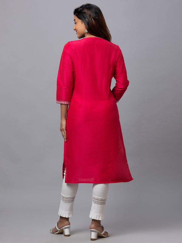 Globus Women Pink Round Neck Solid Column Kurta With Yoke Print Detail