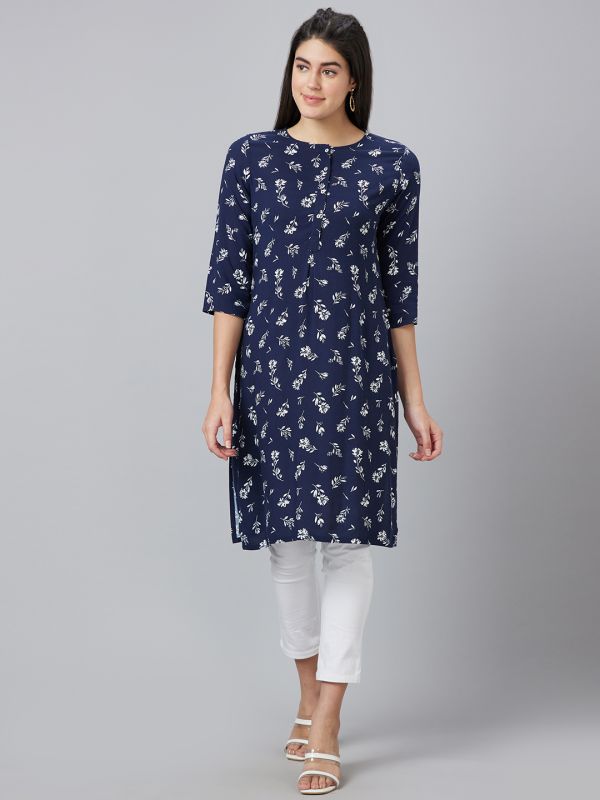 Globus Women Navy Printed Round Neck Straight Kurta