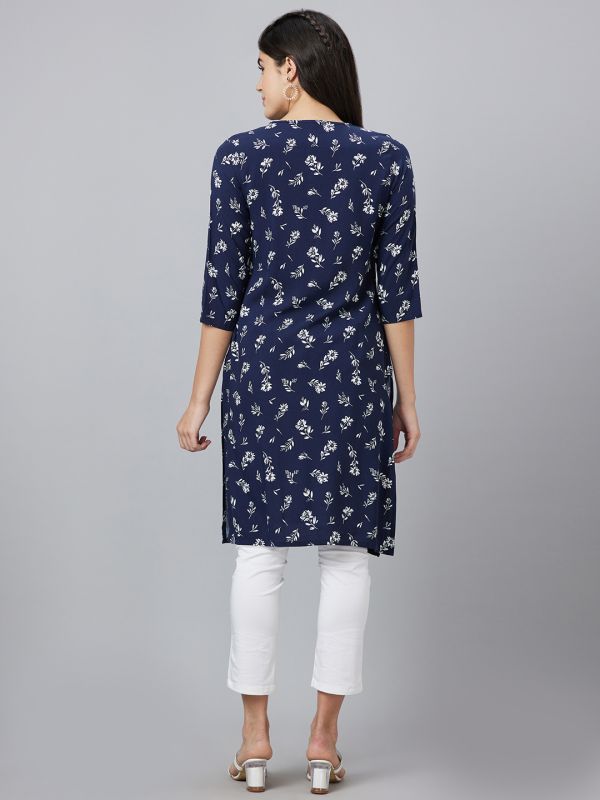 Globus Women Navy Printed Round Neck Straight Kurta