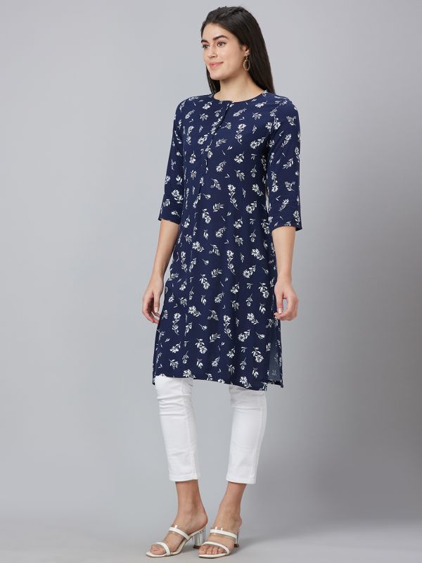 Globus Women Navy Printed Round Neck Straight Kurta