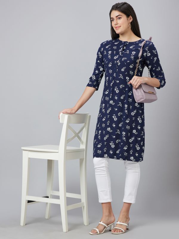 Globus Women Navy Printed Round Neck Straight Kurta