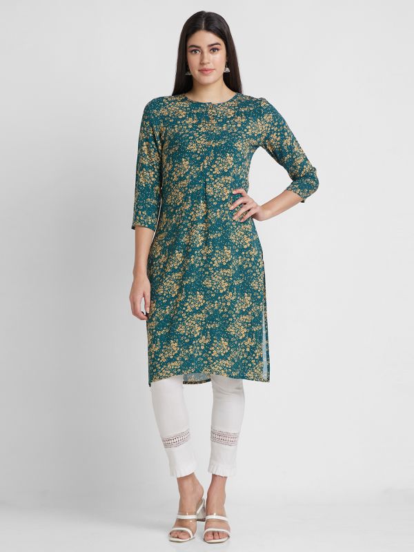 Globus Women Green Printed Round Neck Straight Kurta