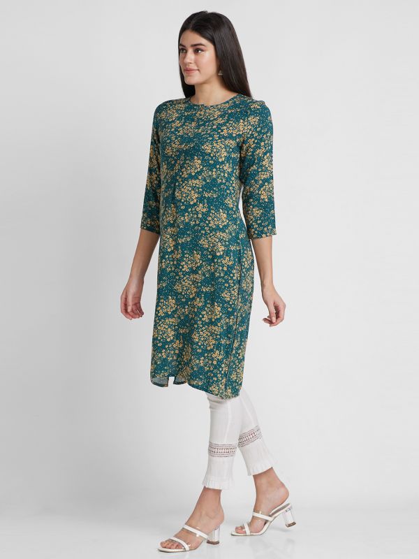 Globus Women Green Printed Round Neck Straight Kurta