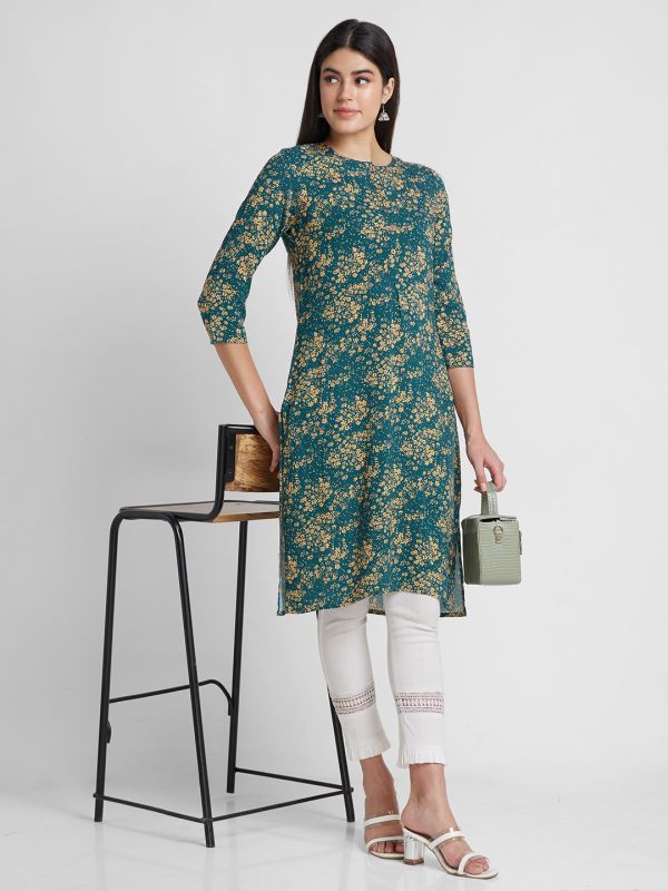 Globus Women Green Printed Round Neck Straight Kurta