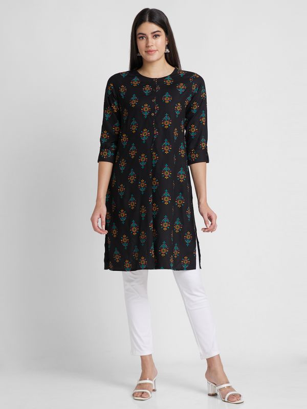 Globus Women Black Printed Round Neck Straight Kurta