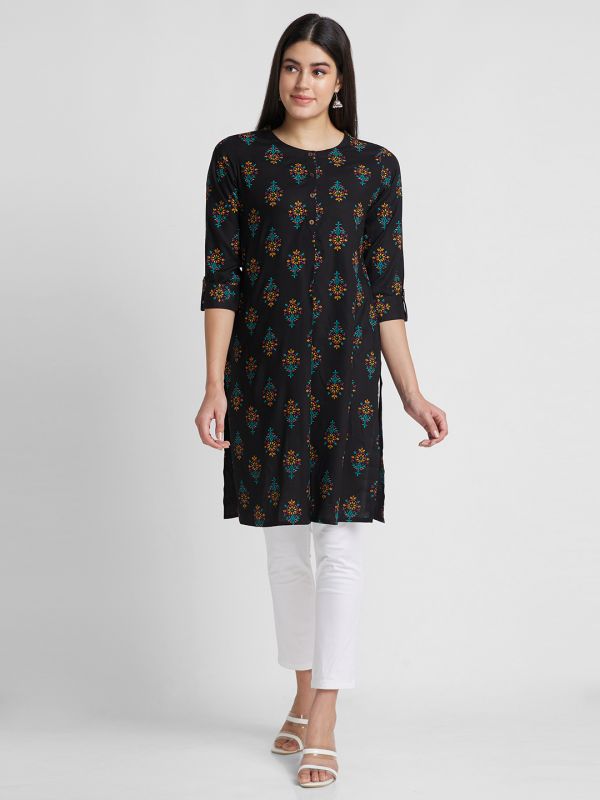 Globus Women Black Printed Round Neck Straight Kurta