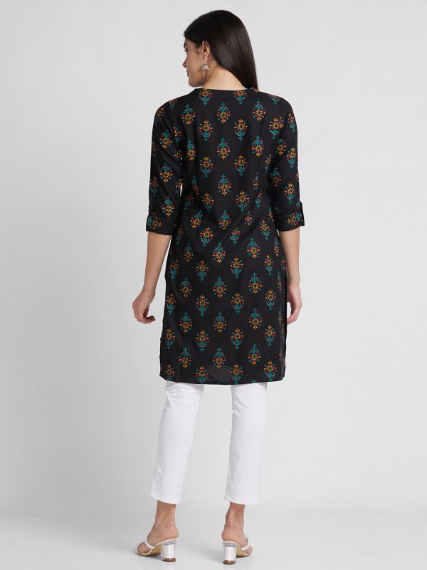 Globus Women Black Printed Round Neck Straight Kurta