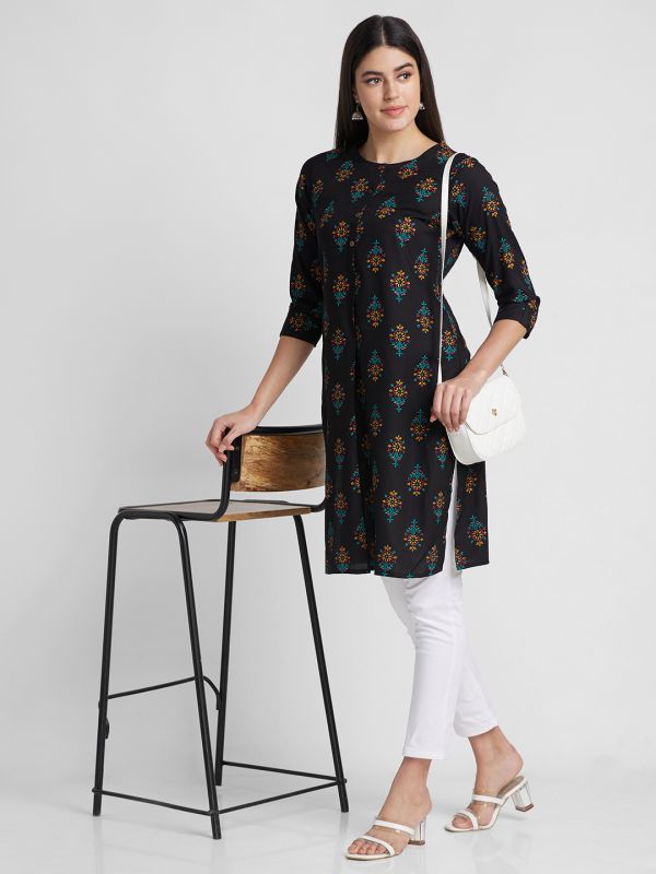 Globus Women Black Printed Round Neck Straight Kurta