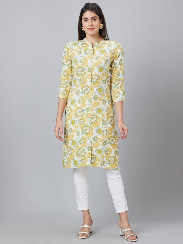 Globus Women Off White Printed Mandarin Collar Straight Kurta